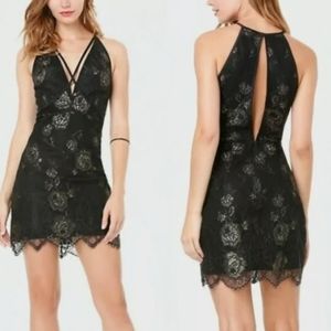 NWT Bebe Black Lace Gold Floral Detail Grayson Short Dress Back Zipper Size 00